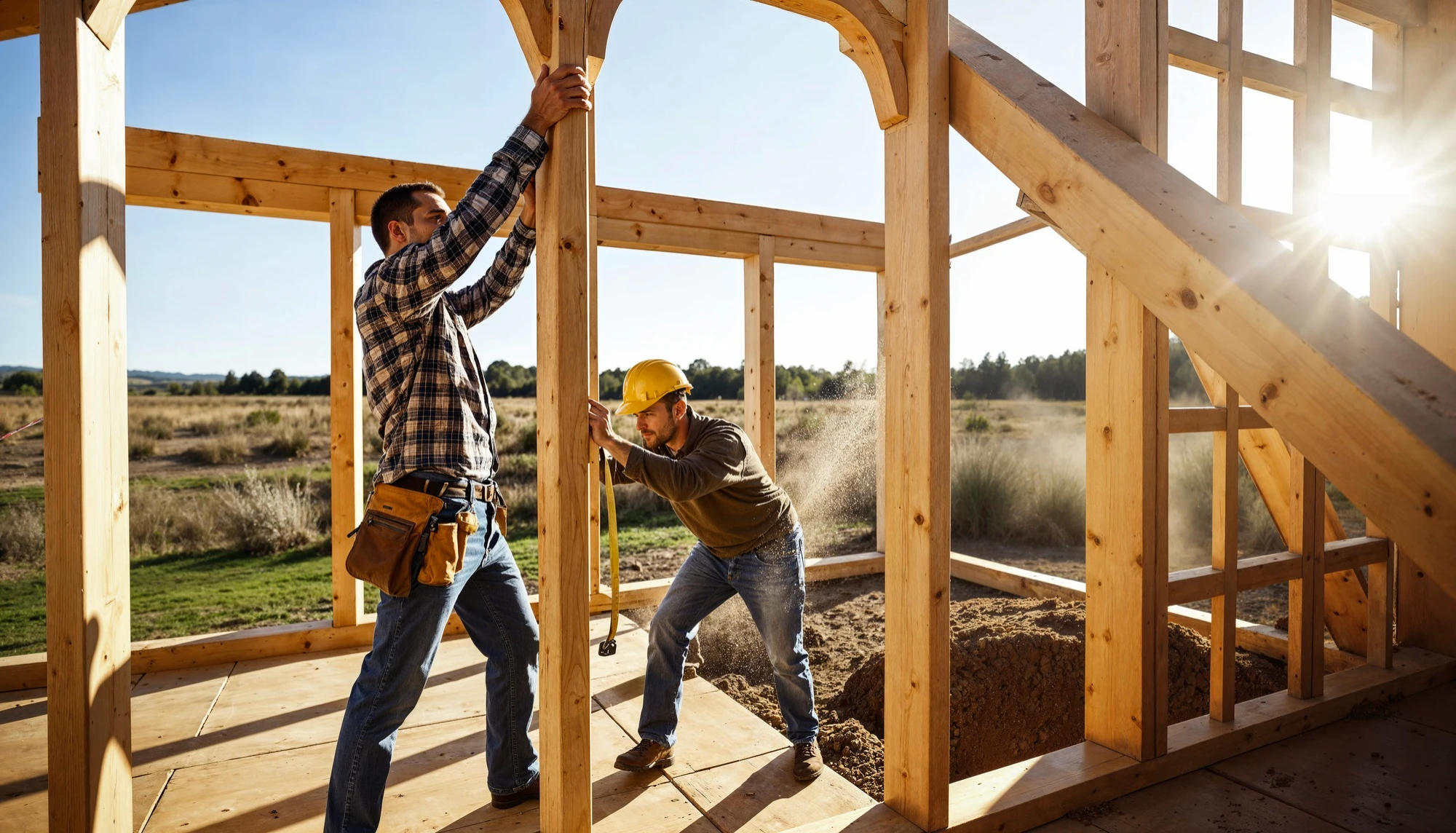 Construction workers building a wooden frame for a new barndominium, showcasing the early stages of rural home construction with sturdy timber beams in a sunny countryside setting.